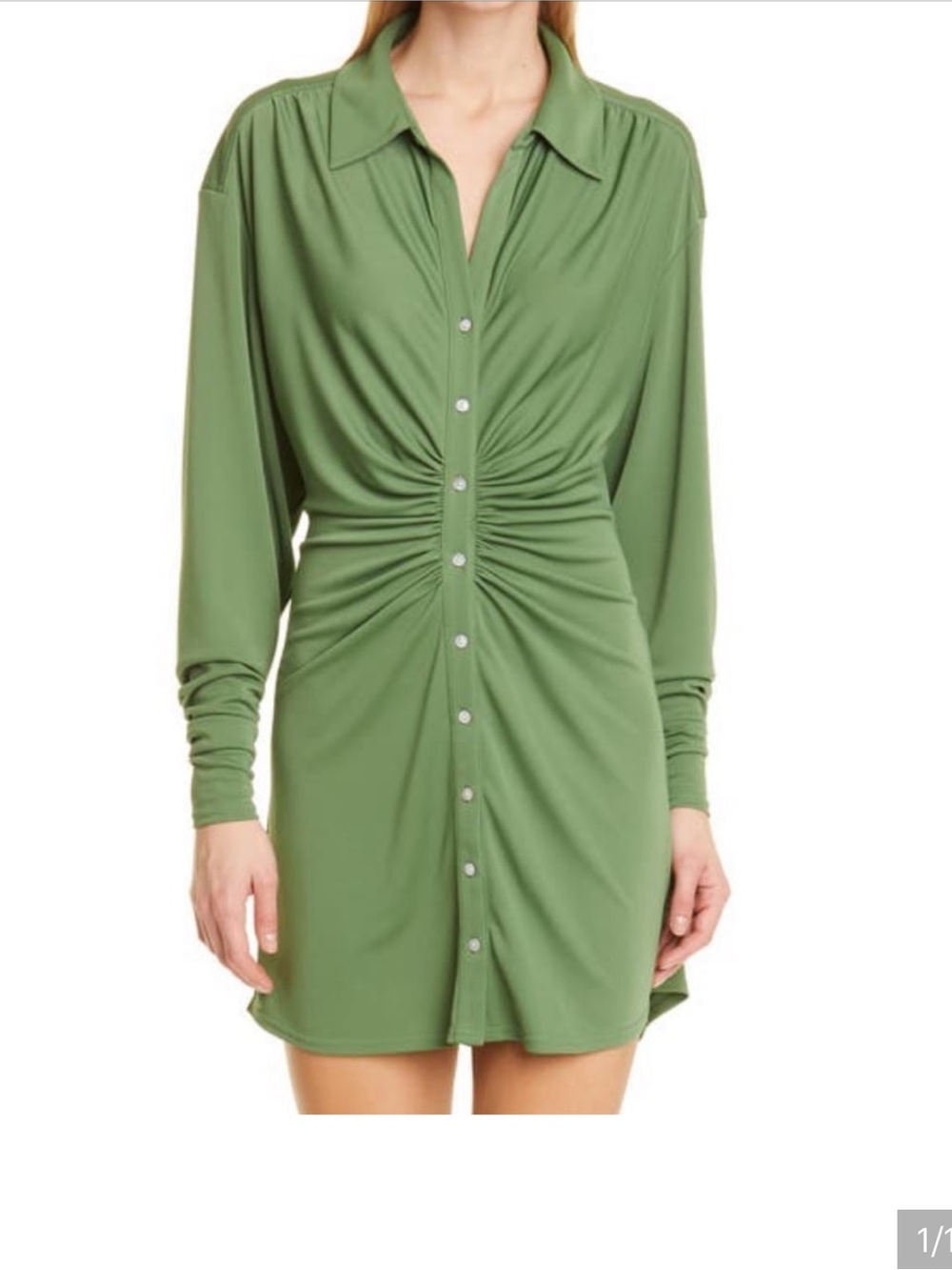 cinq a sept Olive Green Ruched Button-Front Shirt Dress